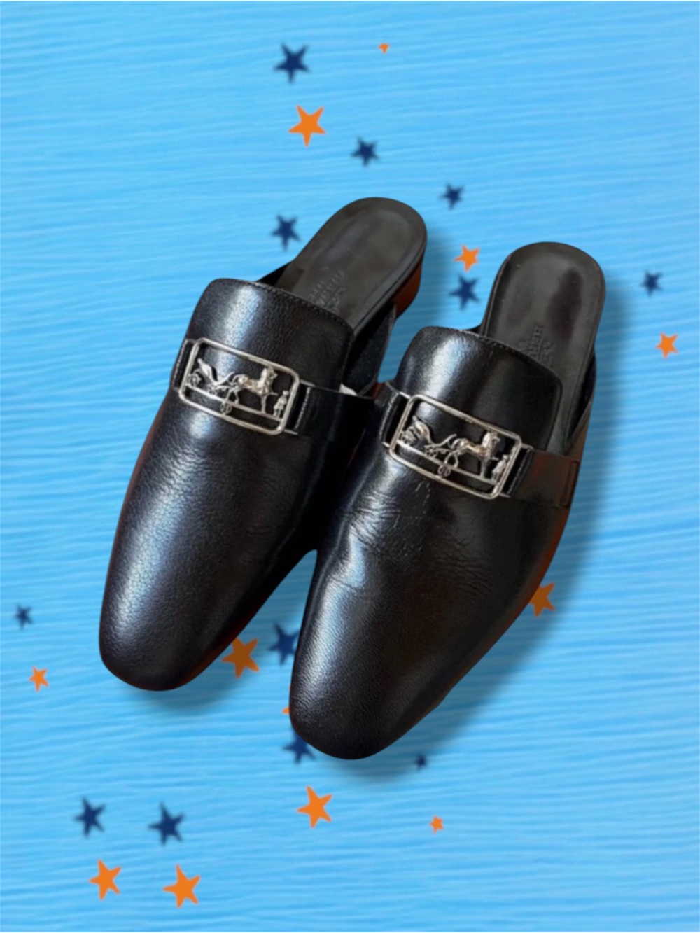 🆕💞HERMES Mules Flats Black Goatskin Leather Palladium-Plated Buckle, 36.5EU, NWT